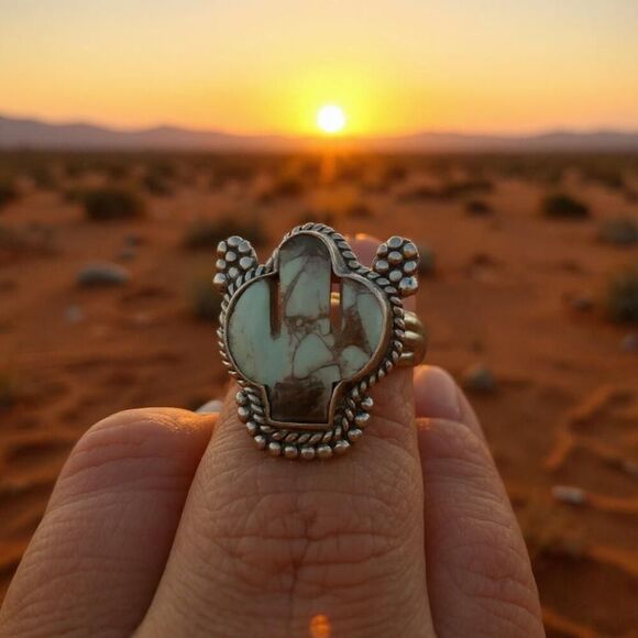 Western Purple Dahlia Turquoise Cactus Boho Statement Ring Sterling Silver Sz 6 - Picture 6 of 8